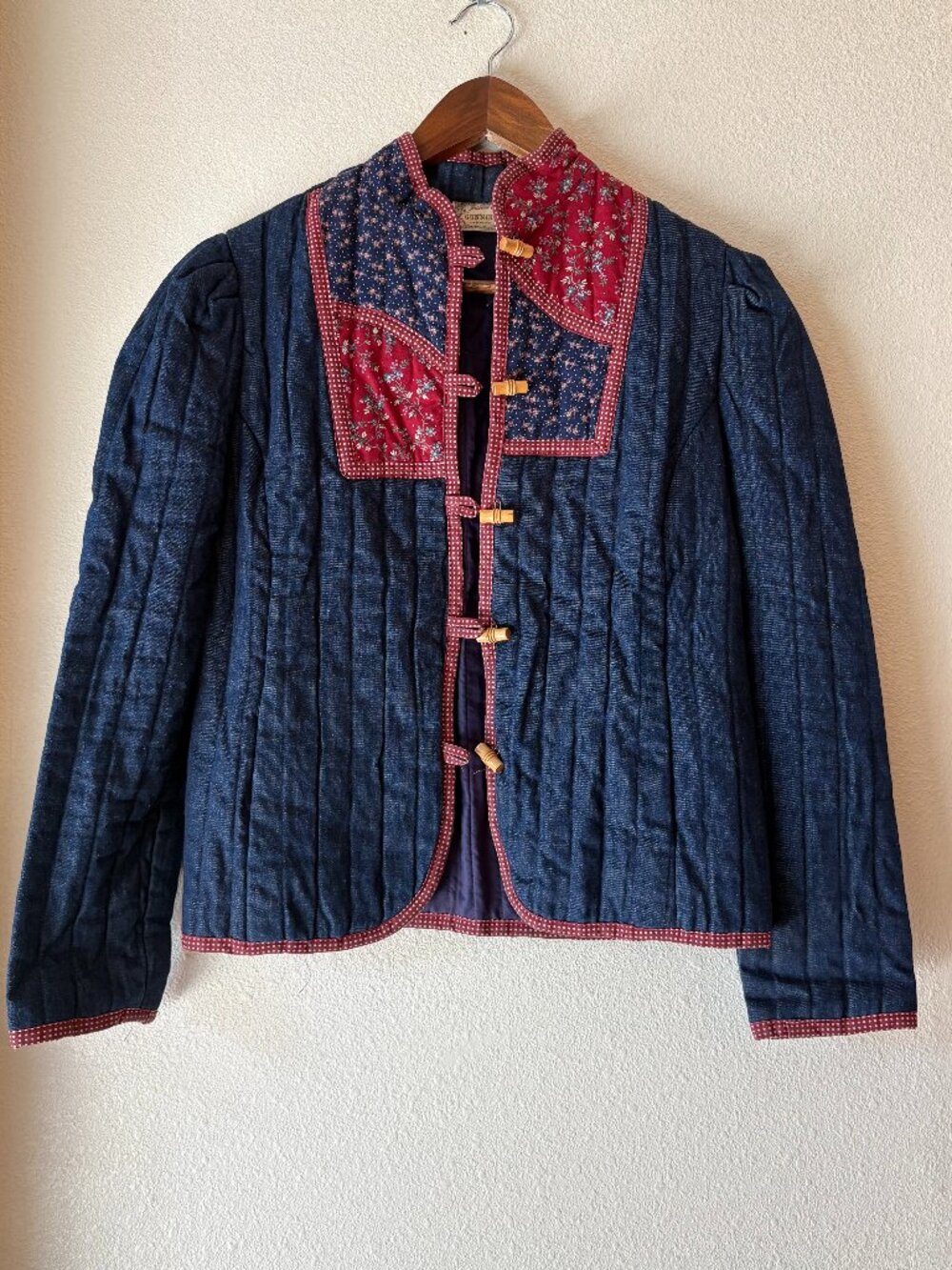 Vintage 1970s Jessica's Gunnies Quilted Denim Jacket Patchwork Toggle Sz S Boho